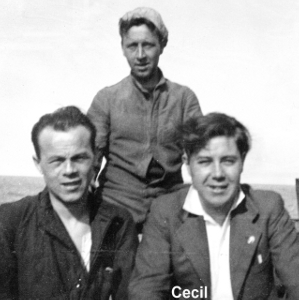 Three Royal Navy men, no uniforms, Cecil Shaw on right. Possibly Skegness training camp 1940
