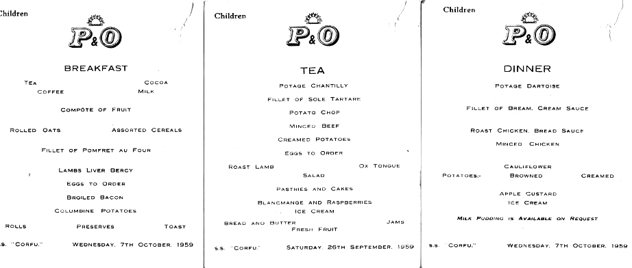 three childrens meals- menus from SS Corfu 1959