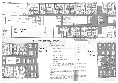 Plan of Decks C and D, SS Corfu, 1959. Click for larger version