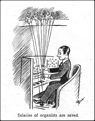 cartoon of puppet playing theatre organ
