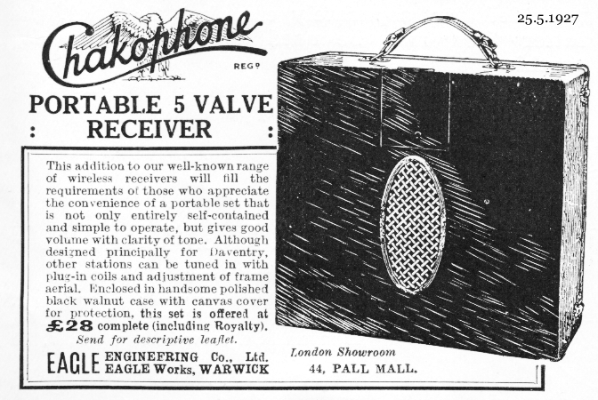 advert for 1927 Eagle Engineering Chakophone Portable Receiver
