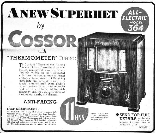 advert for 1935 Cossor Model 364 radio