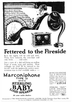 advert for Marconiphone Type 21 radio with Sterling Baby Loud Speaker