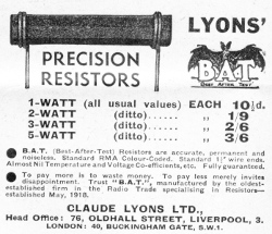 advert for 1935 Claude Lyons Resistors