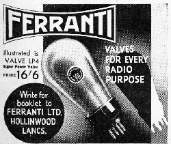 advert for 1935 Ferranti Valves - illustration is LP4 valve