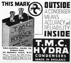 advert for 1935 TMC Condensers ( Capacitors) - illustration is 2uF capacitor with screw terminals