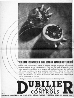 advert for 1935 Dubilier Volume Controls (variable resistors)